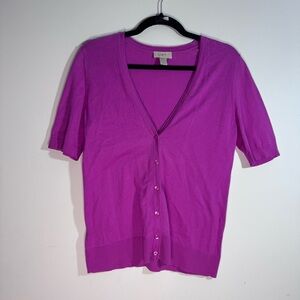 LOFT Purple V-Neck Button Front Short Sleeve Cardigan Sweater M